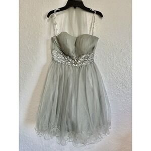 Elisabeth K Corset Strapless Ruched Rhinestones Puffy Mini Dress Silver Size XS